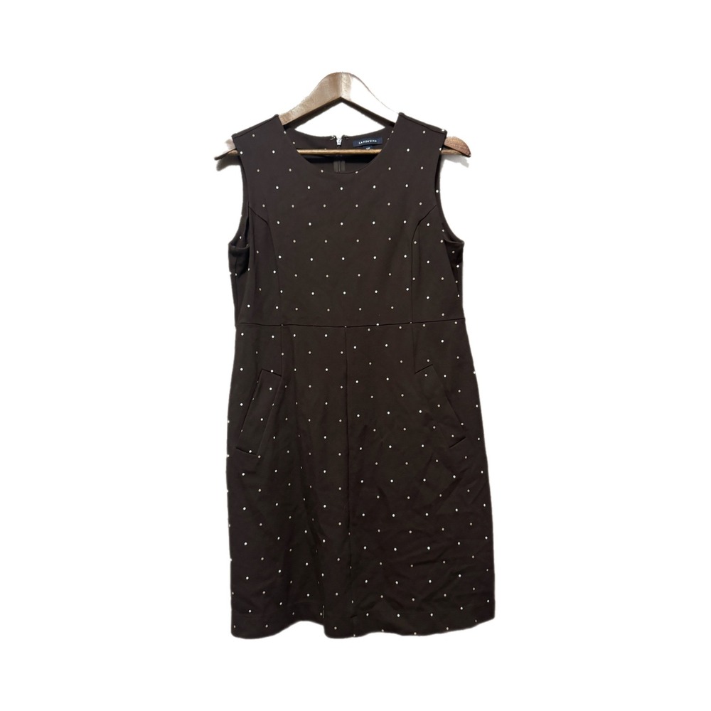Lands End Sheath Dress Womens 12P Brown Polka Dot Excellent Ponte Sleeveless